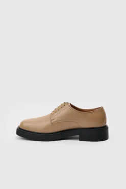 Discount boohooMAN PU Square Toe Lace Up Loafer In stone