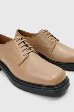 Discount boohooMAN PU Square Toe Lace Up Loafer In stone