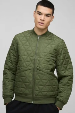Sale boohooMAN Quilted Bomber Jacket In khaki