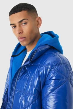 Cheap boohooMAN Quilted High Shine Vinyl Funnel Neck Puffer In blue