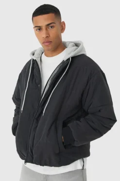Clearance boohooMAN Quilted Hooded Faux Layer Bomber Jacket In black