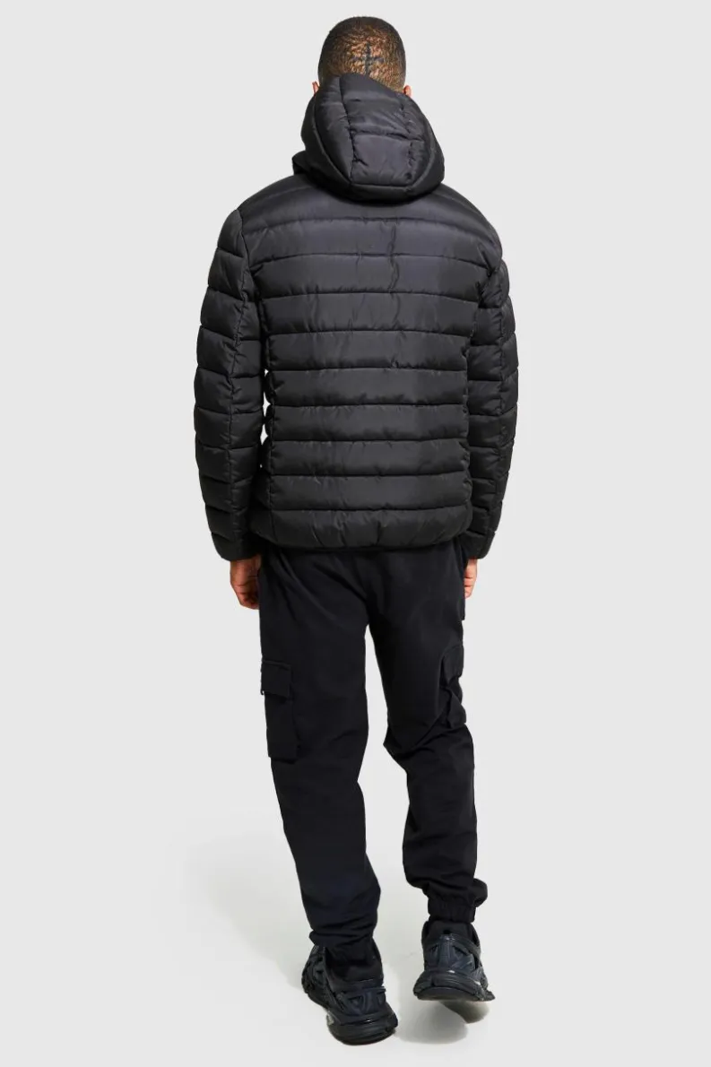 Online boohooMAN Quilted Zip Through Jacket With Hood black
