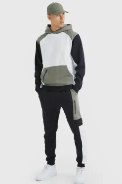 Best Sale boohooMAN Raglan Colour Block Hooded Tracksuit khaki