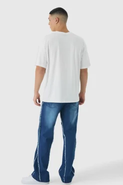 Clearance boohooMAN Raw Edge Rip & Repair Carpenter Panel Relaxed Fit Flared Jeans mid blue