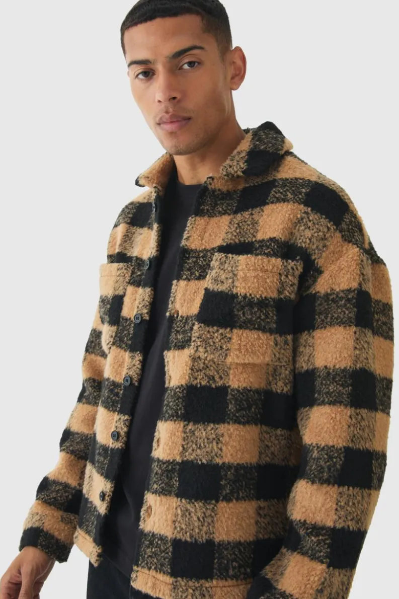 Online boohooMAN Regular Brushed Check Overshirt camel