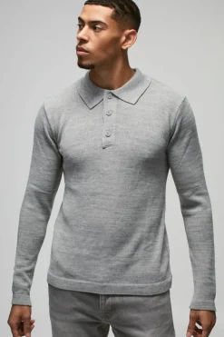 Shop boohooMAN Regular Button Neck Long Sleeve Knitted Polo light grey