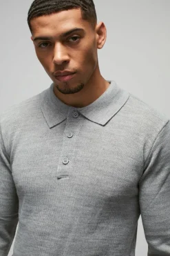 Shop boohooMAN Regular Button Neck Long Sleeve Knitted Polo light grey
