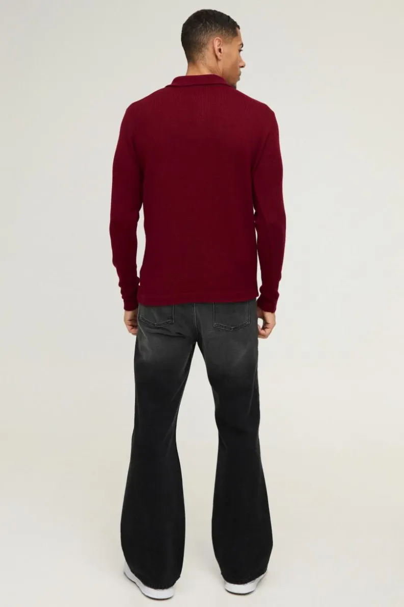 Best boohooMAN Regular Button Neck Long Sleeve Knitted Polo burgundy
