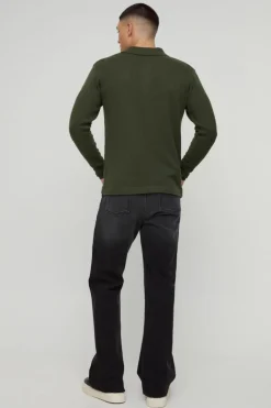 Discount boohooMAN Regular Button Neck Long Sleeve Knitted Polo khaki