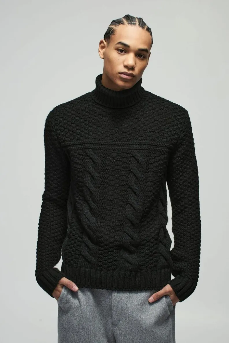 Best boohooMAN Regular Cable Knit Panel Roll Neck Knitted Jumper black