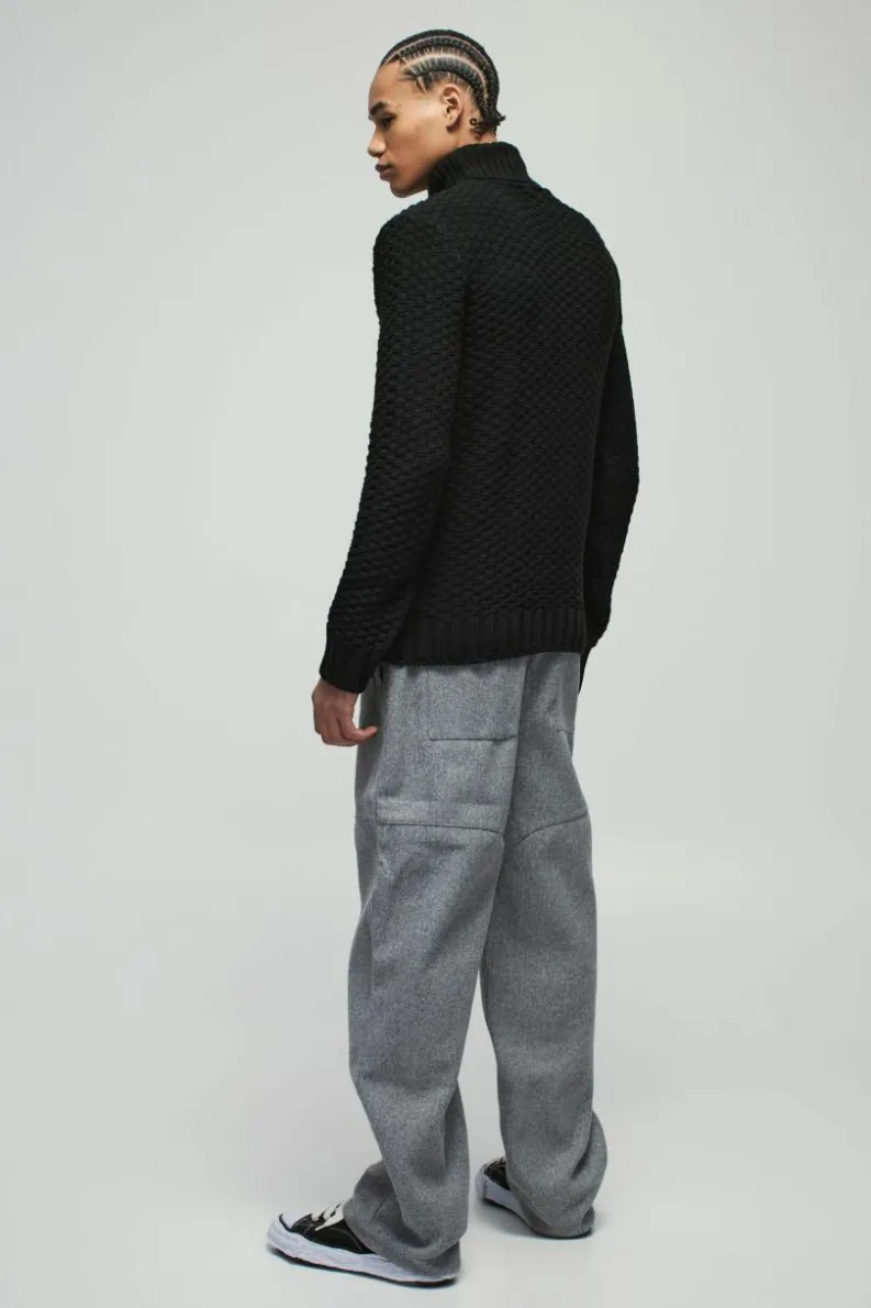 Best boohooMAN Regular Cable Knit Panel Roll Neck Knitted Jumper black