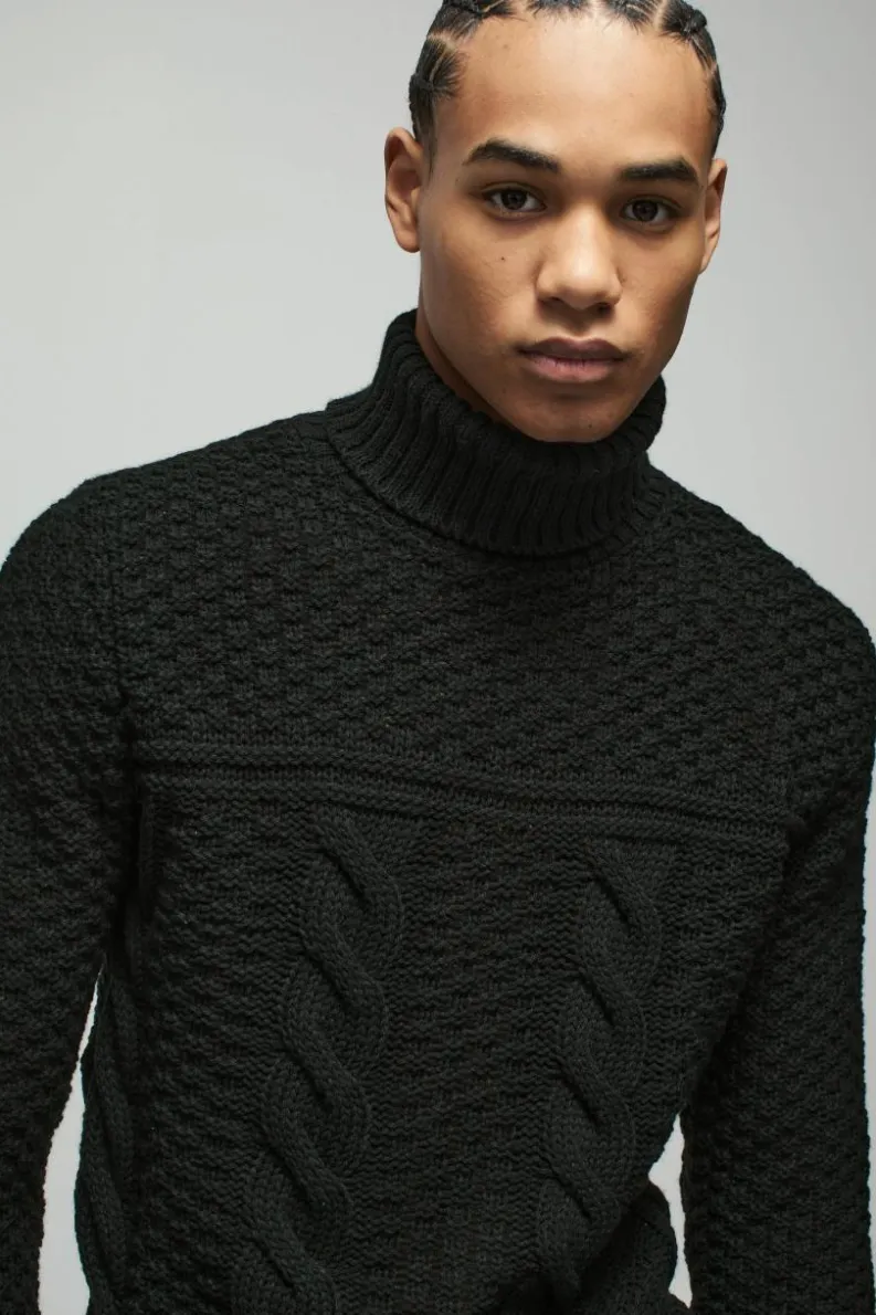 Best boohooMAN Regular Cable Knit Panel Roll Neck Knitted Jumper black
