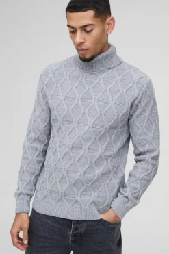 Best boohooMAN Regular Cable Knit Roll Neck Knitted Jumper grey
