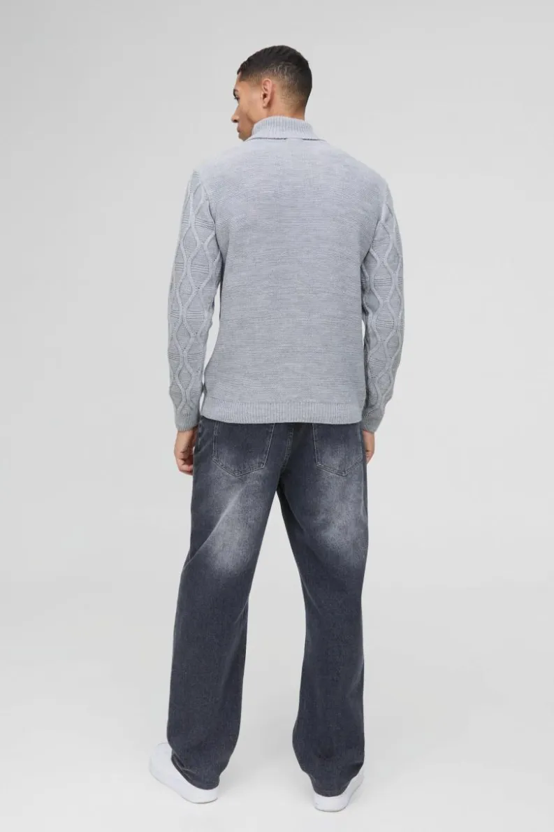 Best boohooMAN Regular Cable Knit Roll Neck Knitted Jumper grey