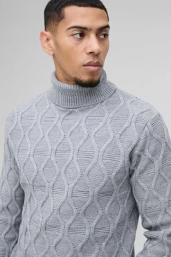 Best boohooMAN Regular Cable Knit Roll Neck Knitted Jumper grey