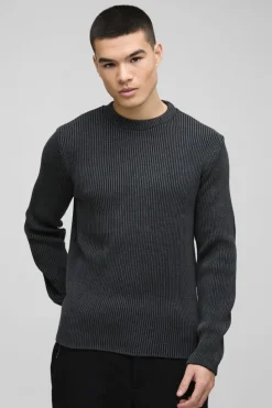 Cheap boohooMAN Regular Crew Neck Plated Ribbed Knit Jumper black
