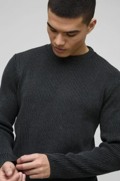 Cheap boohooMAN Regular Crew Neck Plated Ribbed Knit Jumper black