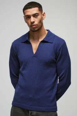 Sale boohooMAN Regular Deep V Revere Collar Knitted Long Sleeve Polo blue