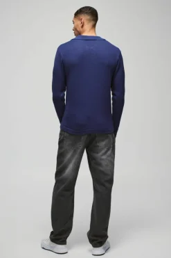 Sale boohooMAN Regular Deep V Revere Collar Knitted Long Sleeve Polo blue