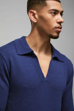 Sale boohooMAN Regular Deep V Revere Collar Knitted Long Sleeve Polo blue