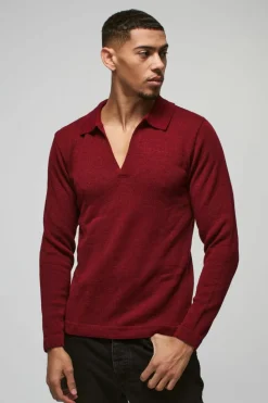 Online boohooMAN Regular Deep V Revere Collar Knitted Long Sleeve Polo burgundy
