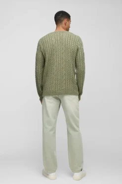 Sale boohooMAN Regular Fit Boucle Cable Knit Crew Neck Jumper olive