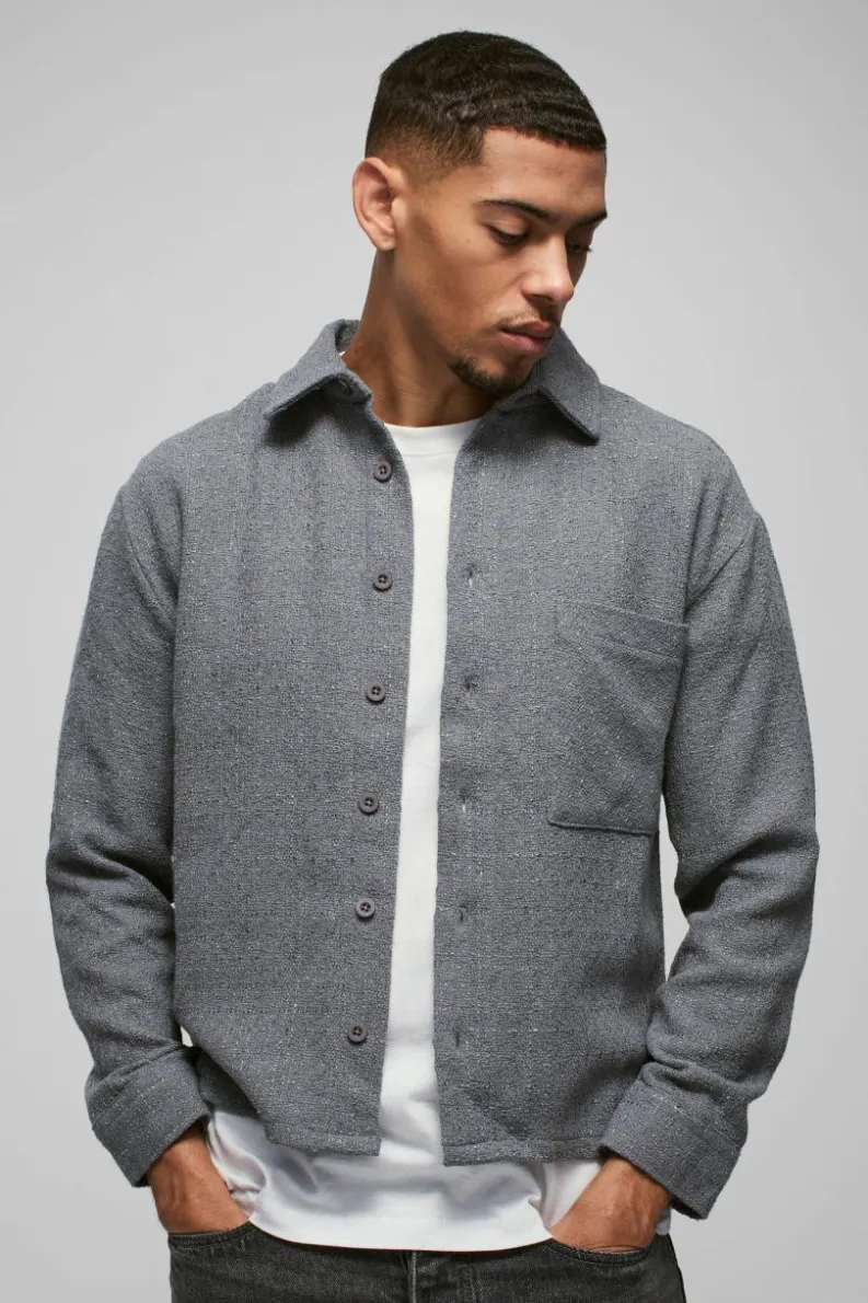 New boohooMAN Regular Fit Boucle Overshirt charcoal