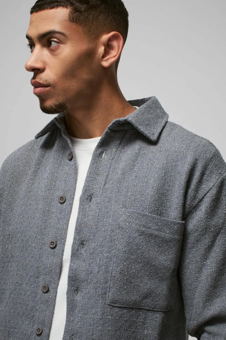 New boohooMAN Regular Fit Boucle Overshirt charcoal