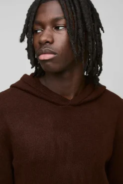 Fashion boohooMAN Regular Fit Brushed Knit Hoodie chocolate