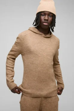 Discount boohooMAN Regular Fit Brushed Knit Hoodie Split Hem Tracksuit brown