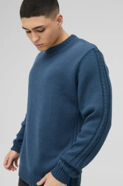 Discount boohooMAN Regular Fit Cable Knit Seam and Hem Jumper slate blue