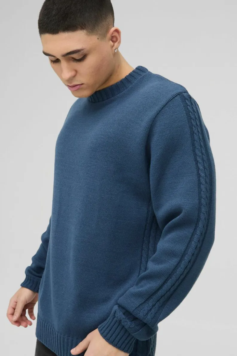 Discount boohooMAN Regular Fit Cable Knit Seam and Hem Jumper slate blue