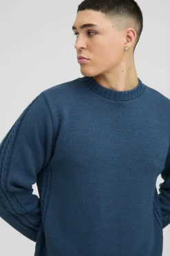 Discount boohooMAN Regular Fit Cable Knit Seam and Hem Jumper slate blue