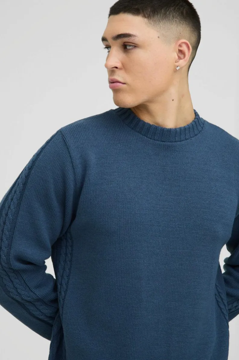 Discount boohooMAN Regular Fit Cable Knit Seam and Hem Jumper slate blue