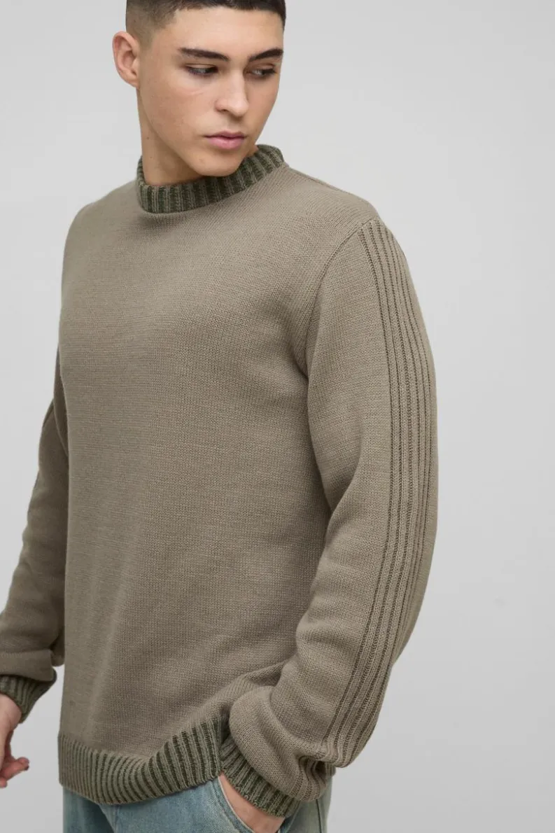 Cheap boohooMAN Regular Fit Contrast Rib Knit Sleeve Jumper khaki