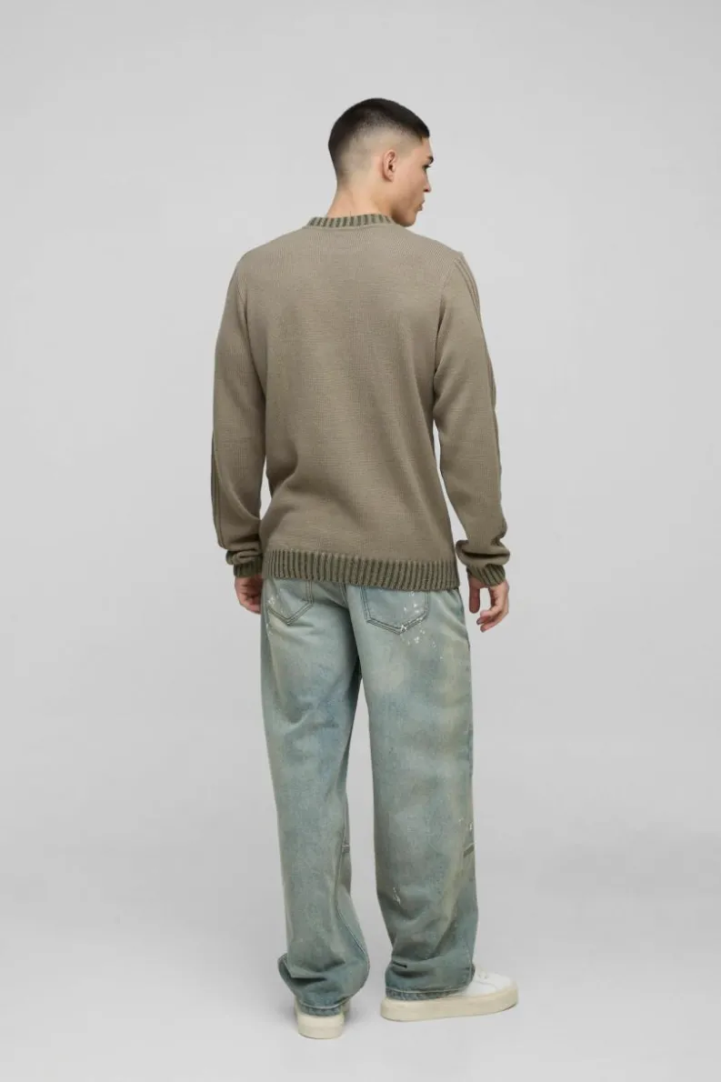 Cheap boohooMAN Regular Fit Contrast Rib Knit Sleeve Jumper khaki