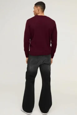 Shop boohooMAN Regular Fit Crew Neck Knitted Jumper burgundy