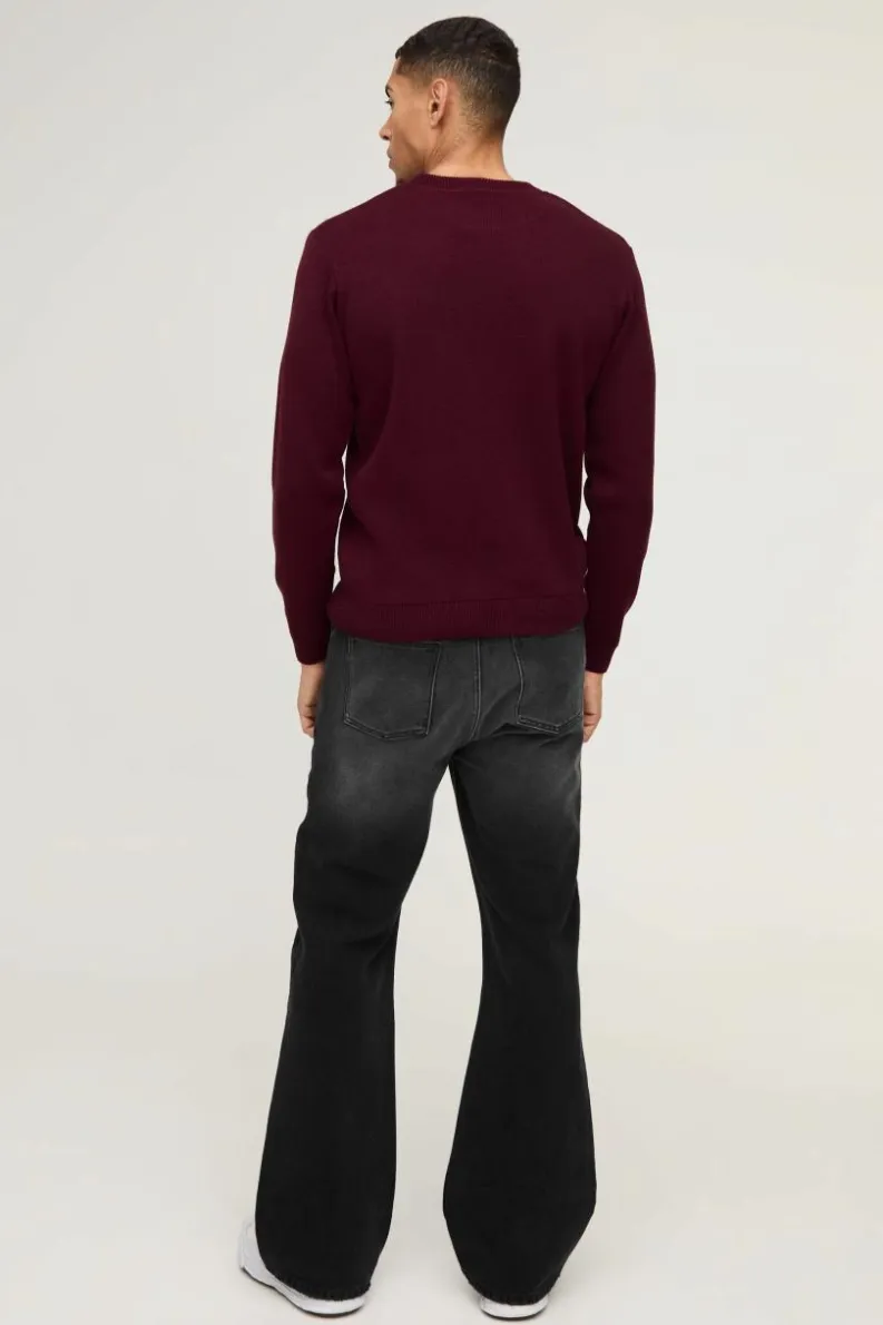 Shop boohooMAN Regular Fit Crew Neck Knitted Jumper burgundy