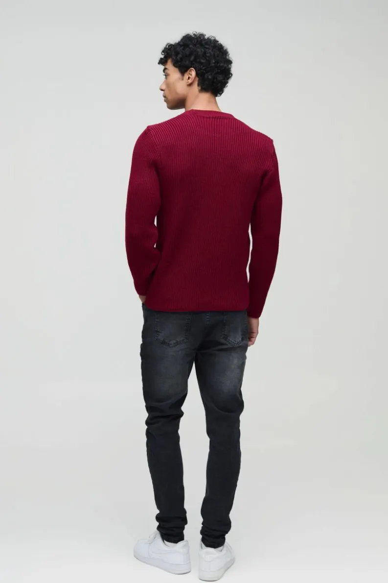 Best Sale boohooMAN Regular Fit Crew Neck Ribbed Panelled Knitted Jumper burgundy