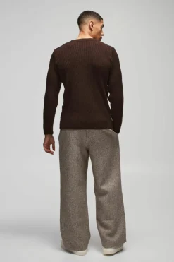 Fashion boohooMAN Regular Fit Crew Neck Ribbed Panelled Knitted Jumper chocolate
