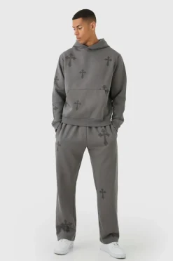Shop boohooMAN Regular Fit Cross Printed Hooded Tracksuit charcoal