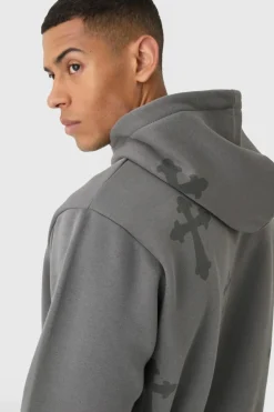 Shop boohooMAN Regular Fit Cross Printed Hooded Tracksuit charcoal