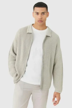 Discount boohooMAN Regular Fit Dual Zip Through Fisherman Knit Jumper light grey