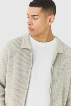 Discount boohooMAN Regular Fit Dual Zip Through Fisherman Knit Jumper light grey