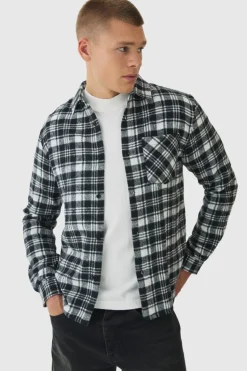 Shop boohooMAN Regular Fit Flannel Check Long Sleeve Shirt black
