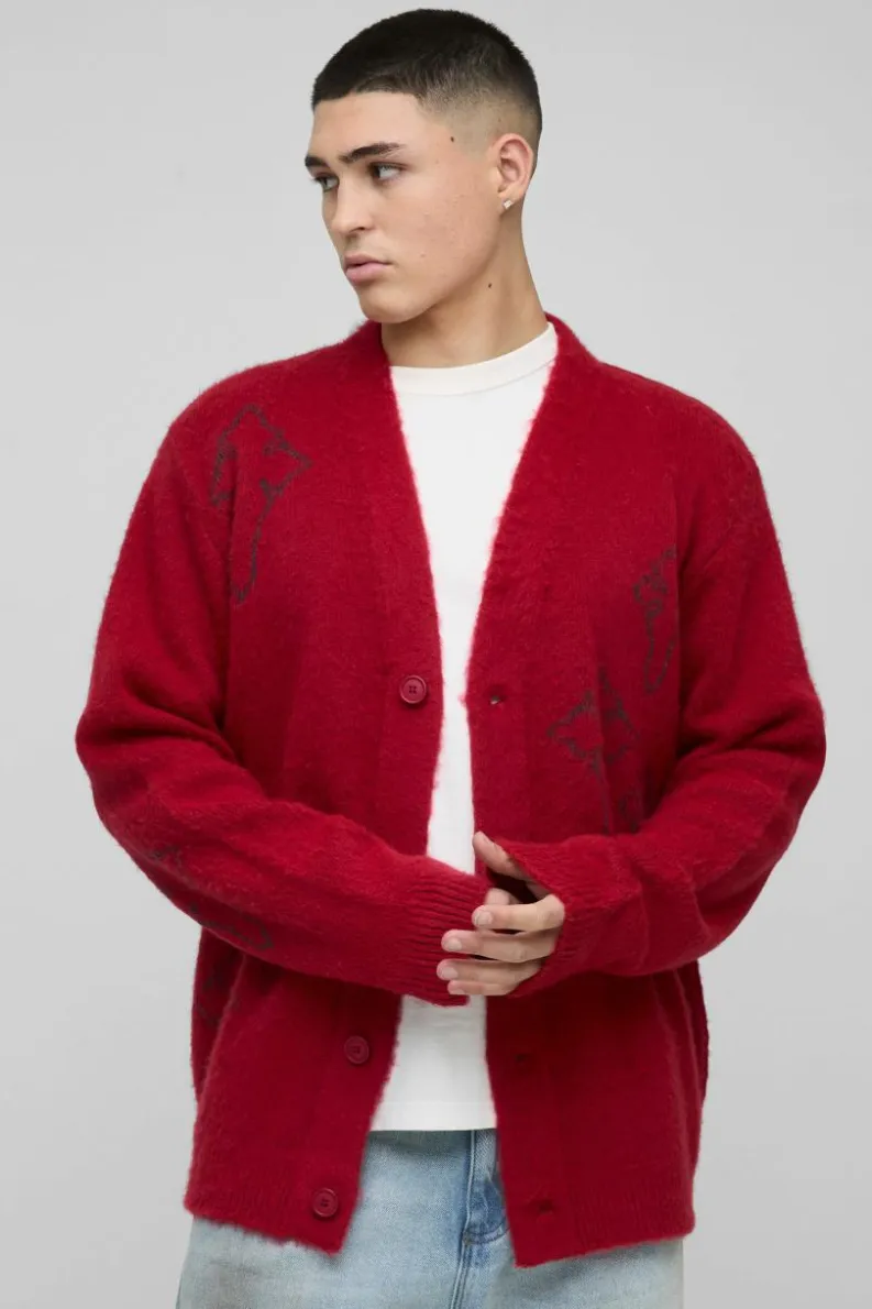 New boohooMAN Regular Fit Fluffy Cross Knitted Cardigan red