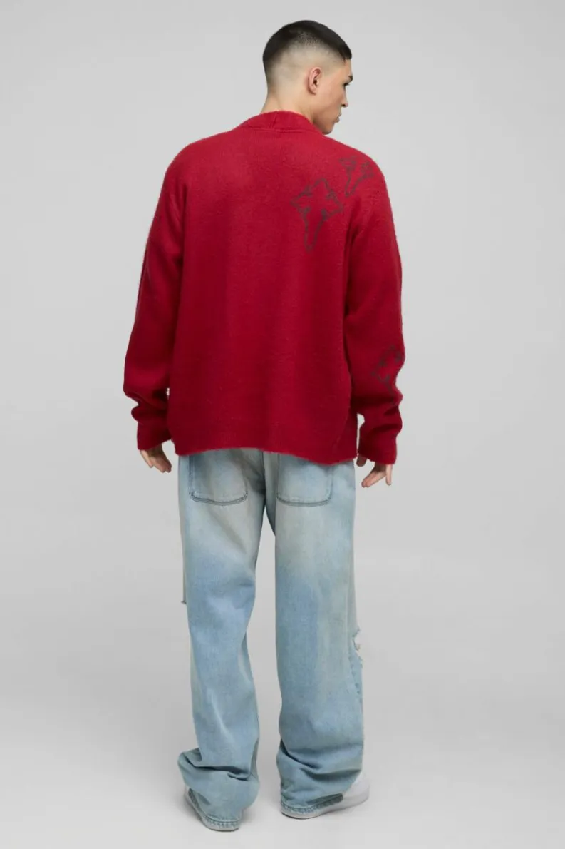 New boohooMAN Regular Fit Fluffy Cross Knitted Cardigan red
