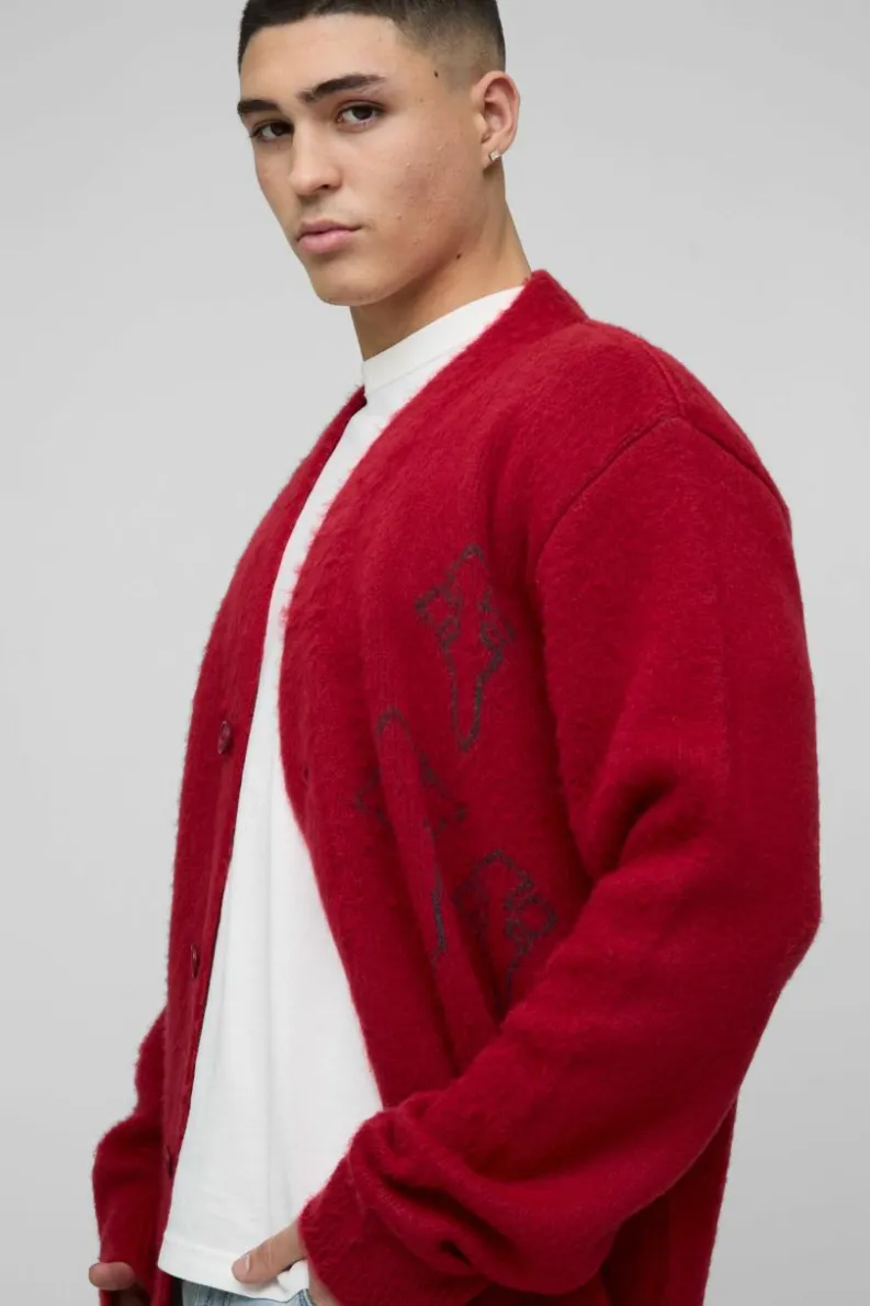 New boohooMAN Regular Fit Fluffy Cross Knitted Cardigan red