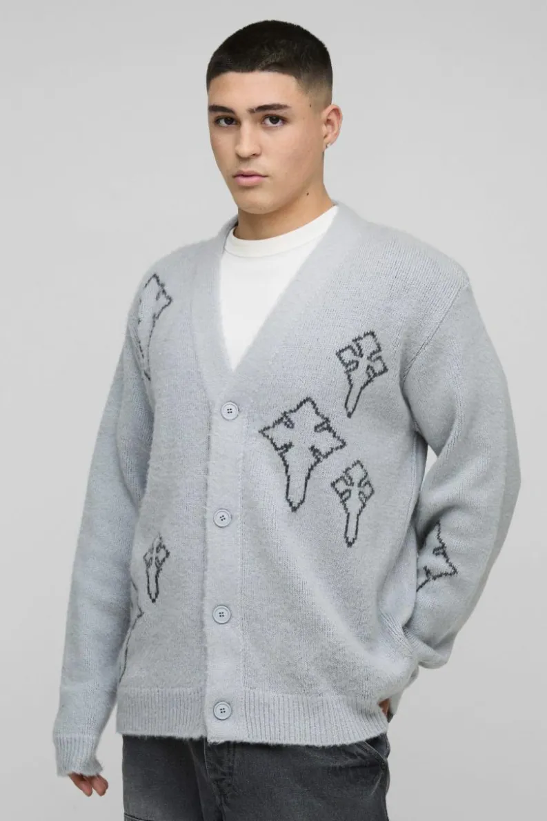 Hot boohooMAN Regular Fit Fluffy Cross Knitted Cardigan grey