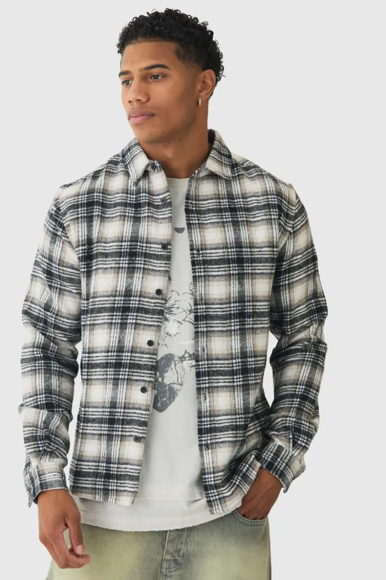 New boohooMAN Regular Fit Homme Print Check Shirt stone